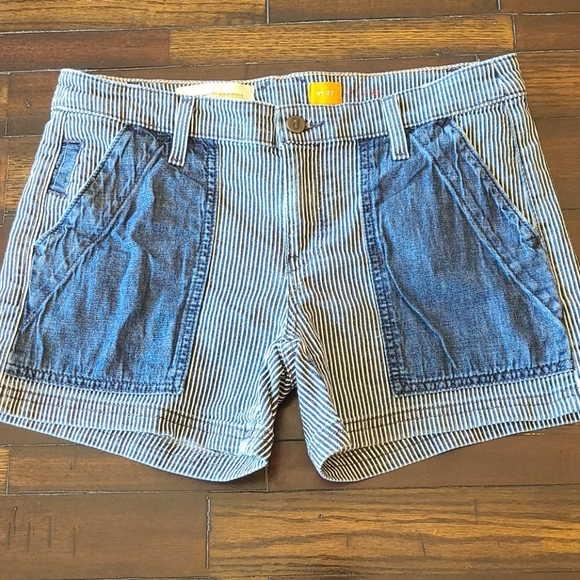 Striped and Denim Patch High-Waist Women’s Shorts - Blue - Picture 2 of 16